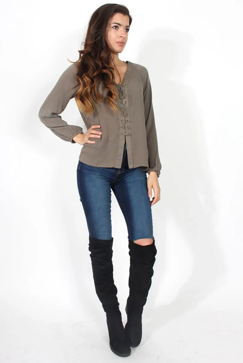 Amira Khaki Tie Front Top