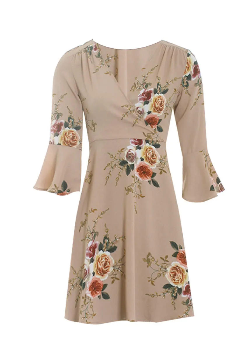 Beige Printed Wrap Over Skater Dress