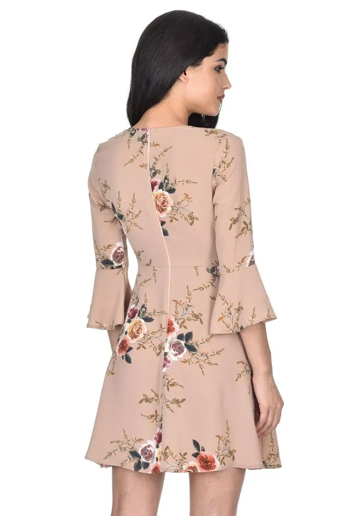 Beige Printed Wrap Over Skater Dress