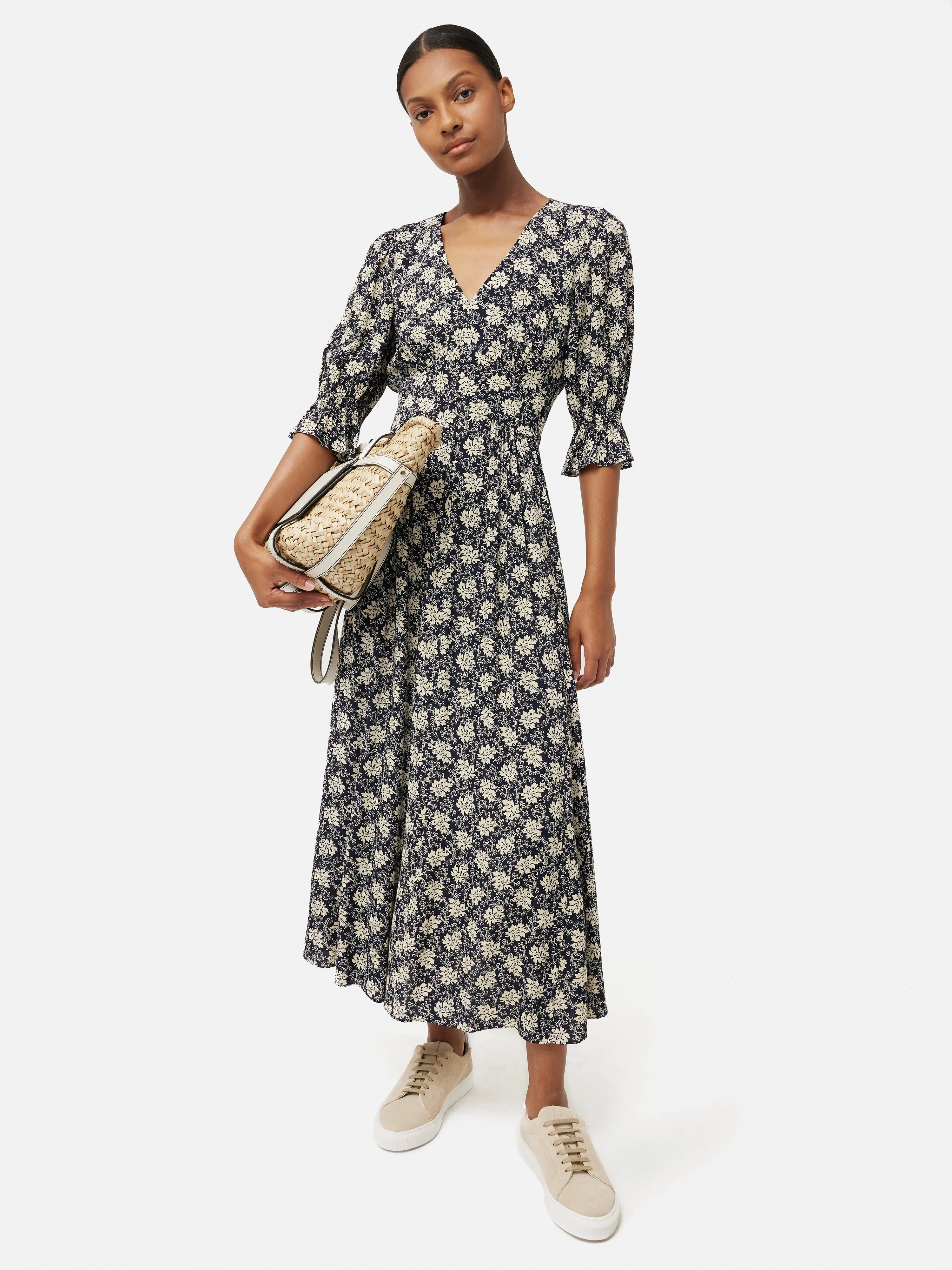 Block Leaf Printed Midi Dress | Black