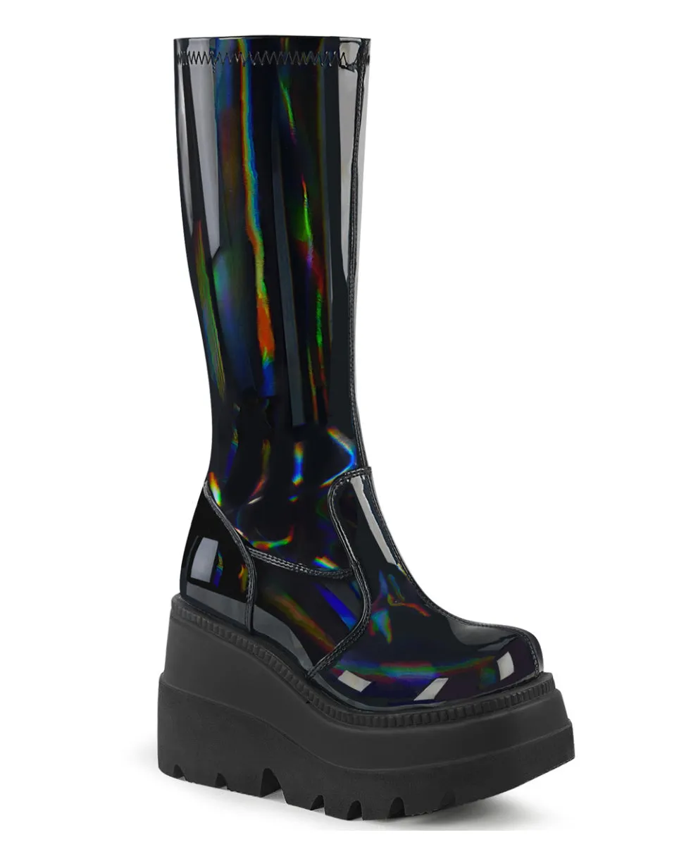 Demonia Shaker Black Holo Knee High Boots