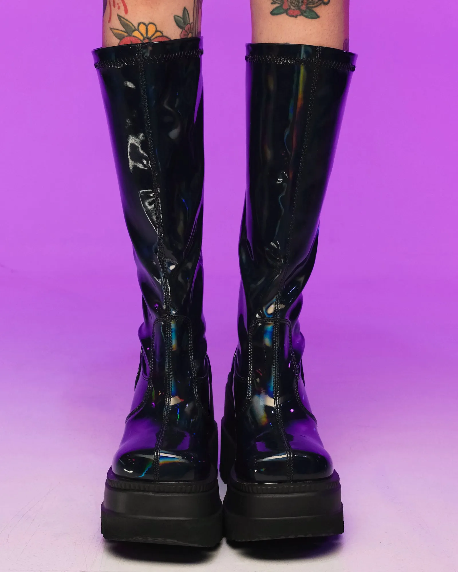 Demonia Shaker Black Holo Knee High Boots