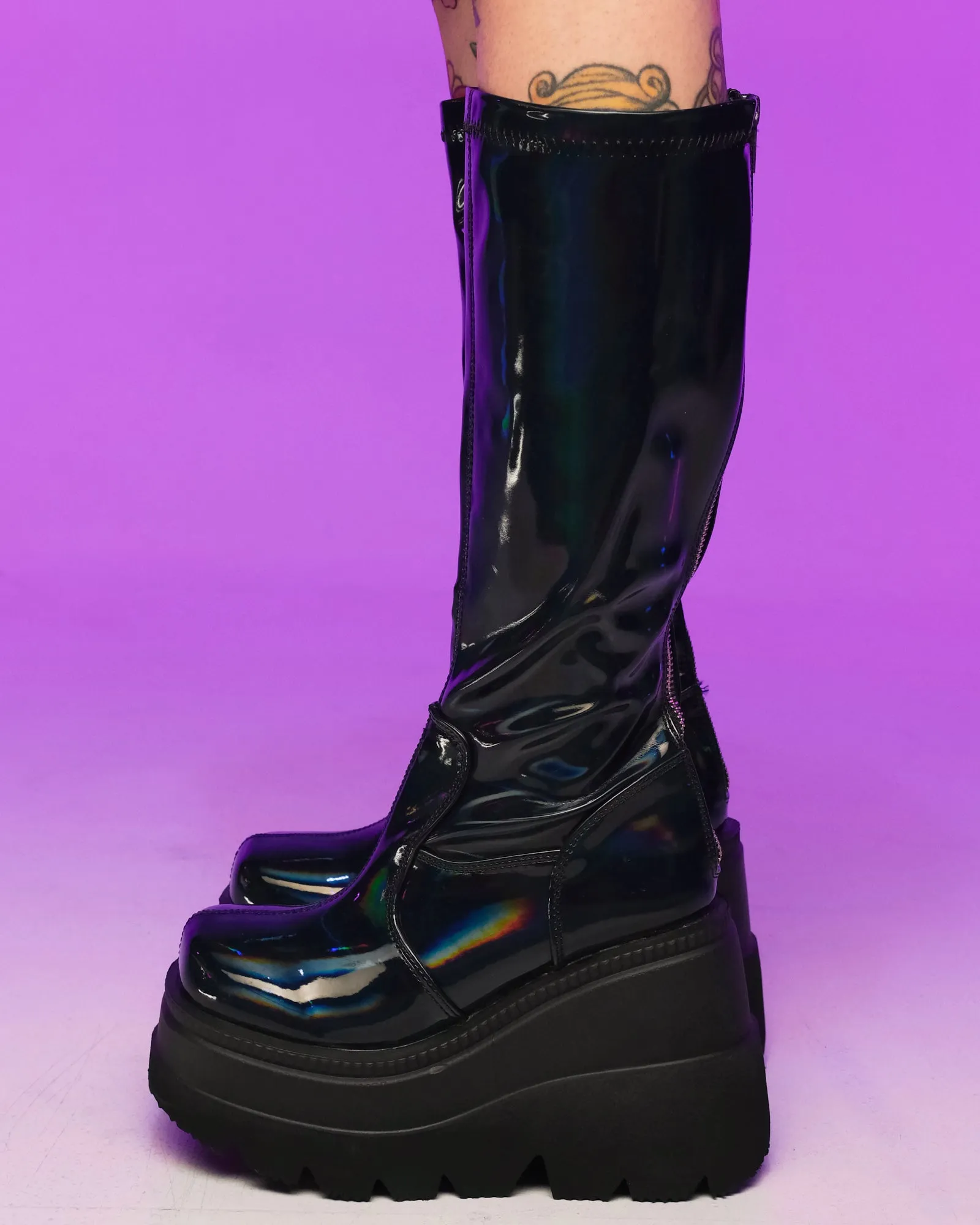 Demonia Shaker Black Holo Knee High Boots