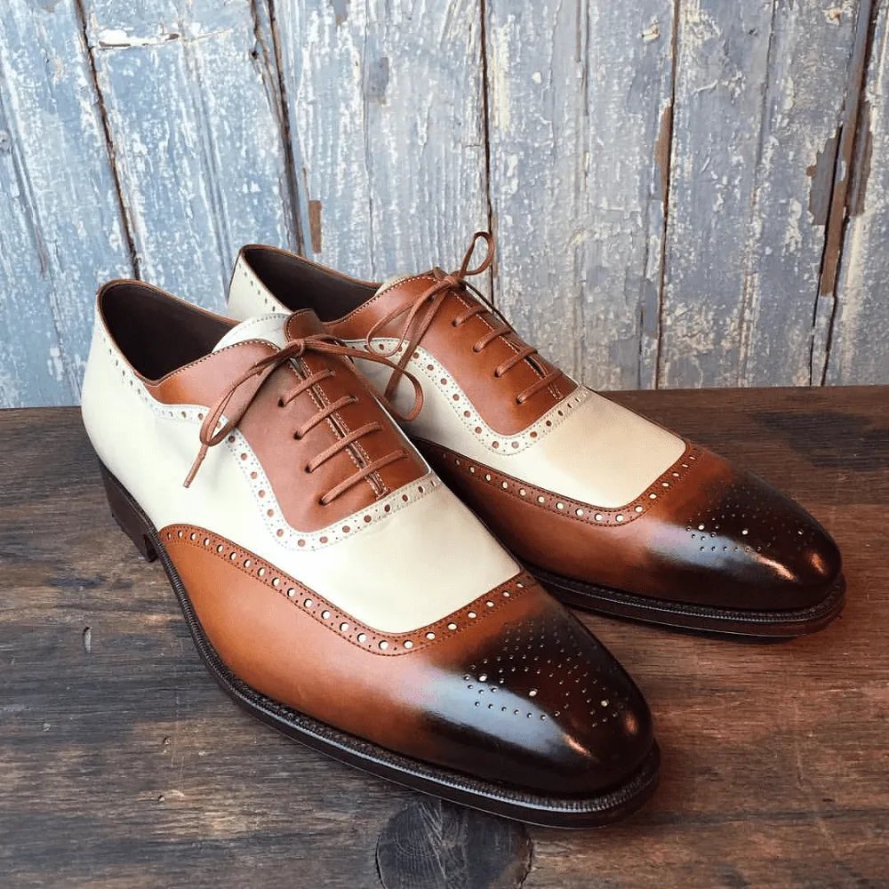 Handmade Men's 2 Tone Brown Beige Leather Shoes, Men Brogue Lace Up Dress Shoes