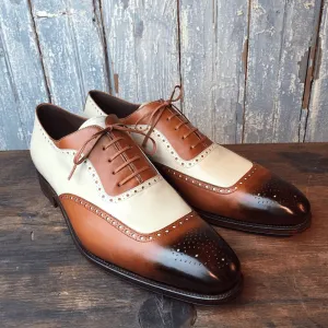 Handmade Men's 2 Tone Brown Beige Leather Shoes, Men Brogue Lace Up Dress Shoes