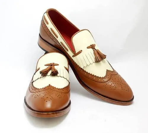 Handmade Men's Brown White Leather Wing Tip Brogue Fringes Tassel Loafers, Men Designer Dress Shoes