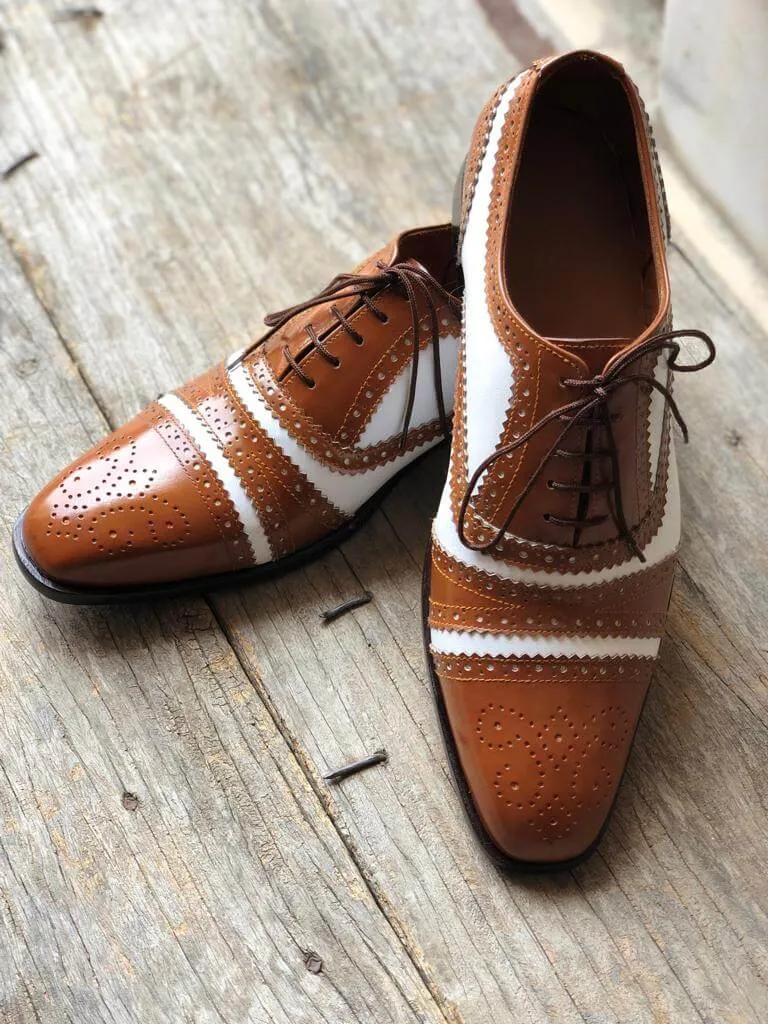 Handmade Men’s Leather Lace Up Shoes, Men’s Brown & White Brogue Stylish Shoes