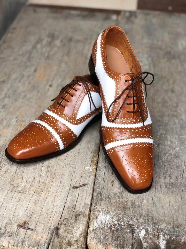 Handmade Men’s Leather Lace Up Shoes, Men’s Brown & White Brogue Stylish Shoes