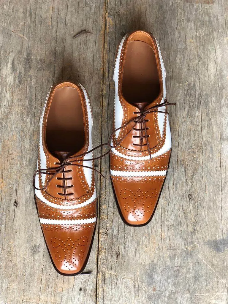 Handmade Men’s Leather Lace Up Shoes, Men’s Brown & White Brogue Stylish Shoes