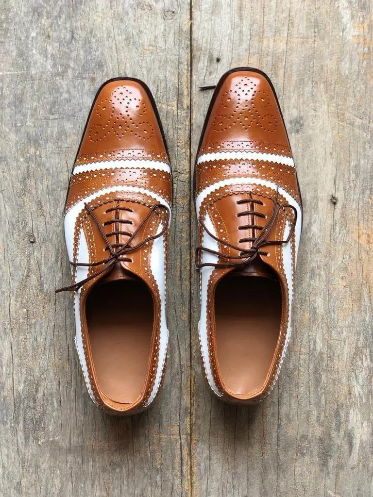 Handmade Men’s Leather Lace Up Shoes, Men’s Brown & White Brogue Stylish Shoes