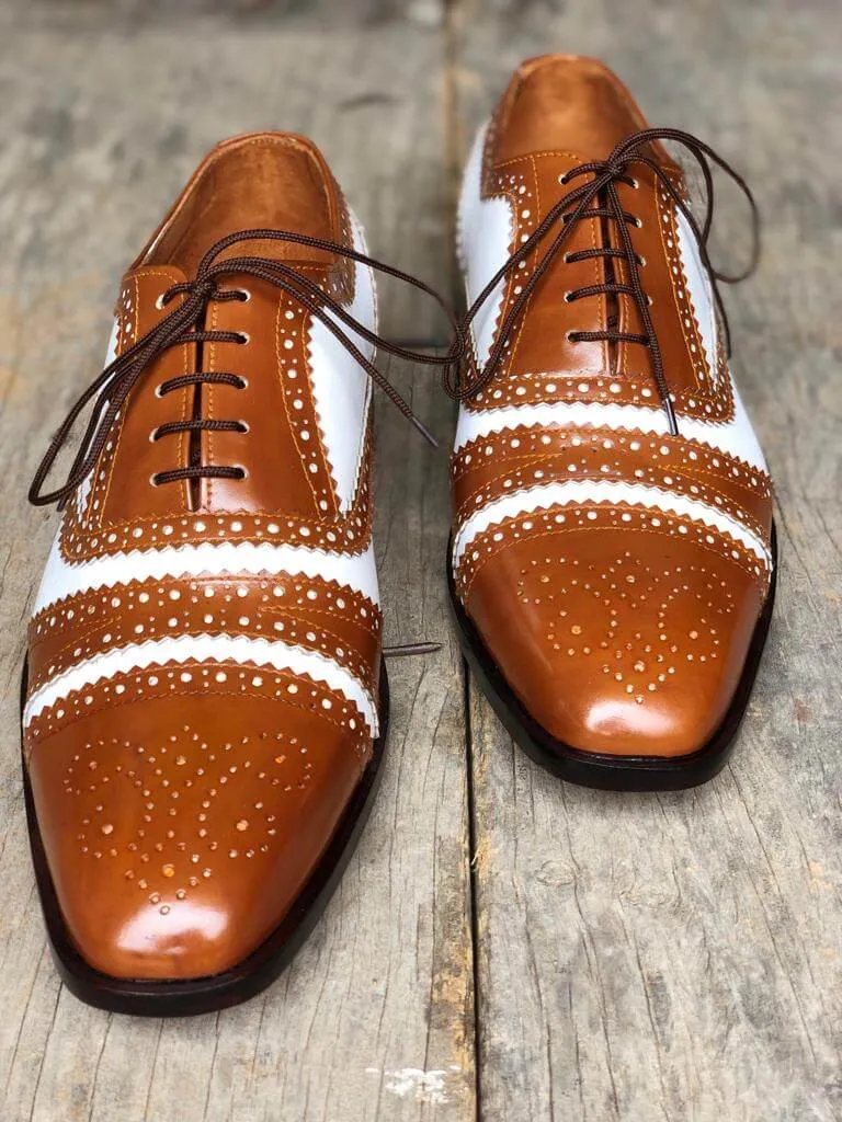 Handmade Men’s Leather Lace Up Shoes, Men’s Brown & White Brogue Stylish Shoes