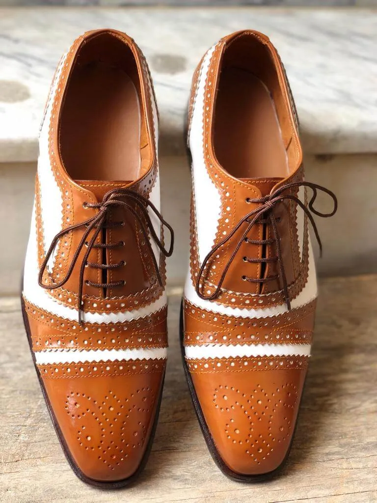 Handmade Men’s Leather Lace Up Shoes, Men’s Brown & White Brogue Stylish Shoes