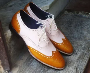 Handmade Men's White Tan Leather Wing Tip Brogue Shoes, Men Designer Shoes