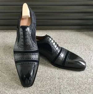 Latest Handmade men's Black Leather & Suede Shoes, Men Lace up Cap Toe Dress Fashion Shoes