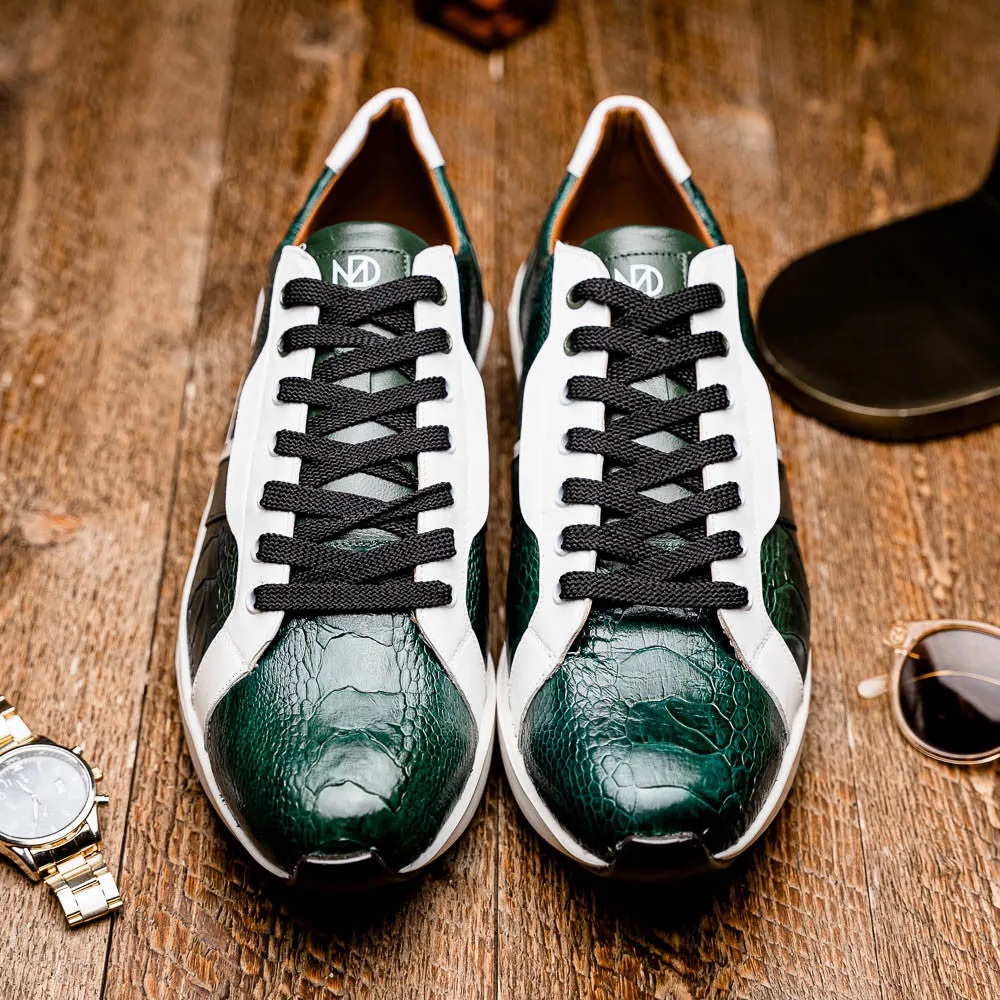 Marco Di Milano LYON Hand-Painted Two tone Green/White Ostrich & Calfskin Sneakers