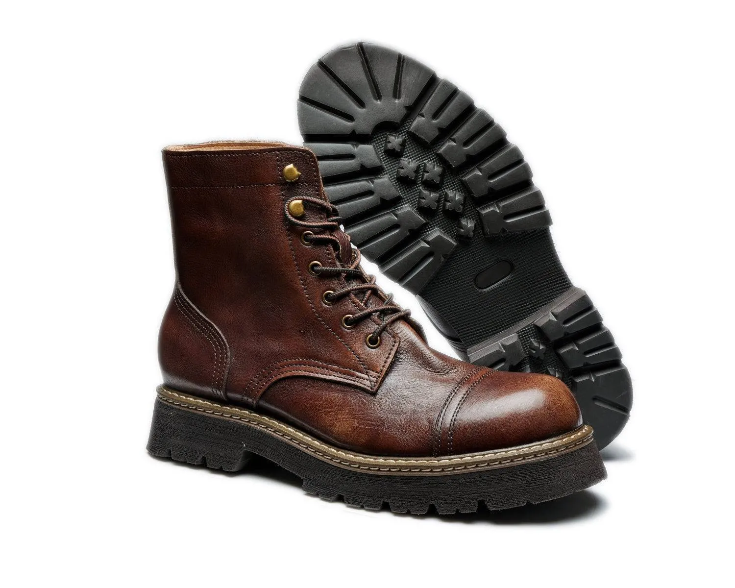 Men's Durable Leather Work Boots - Lace-up, Cap Toe, Lug Sole