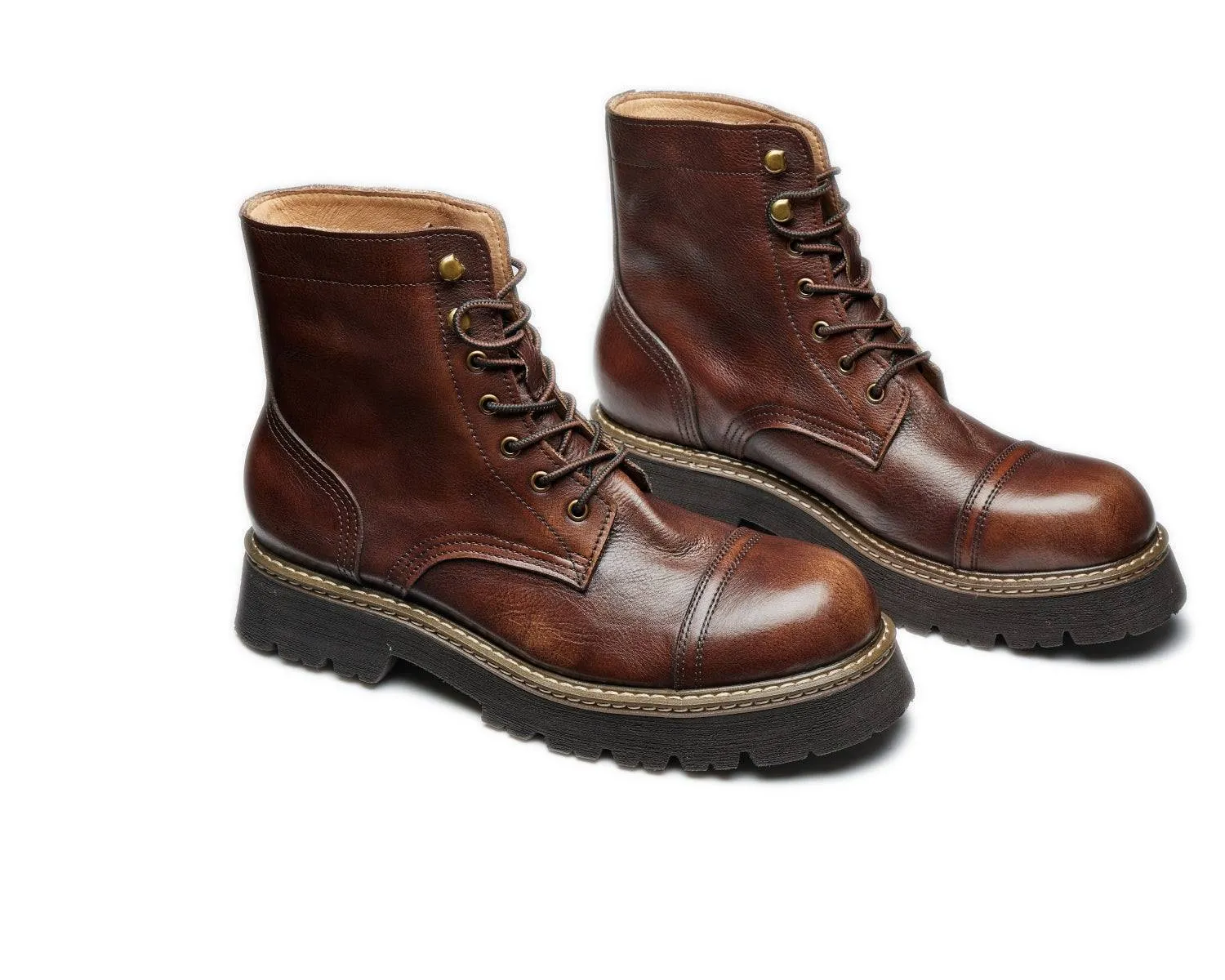 Men's Durable Leather Work Boots - Lace-up, Cap Toe, Lug Sole