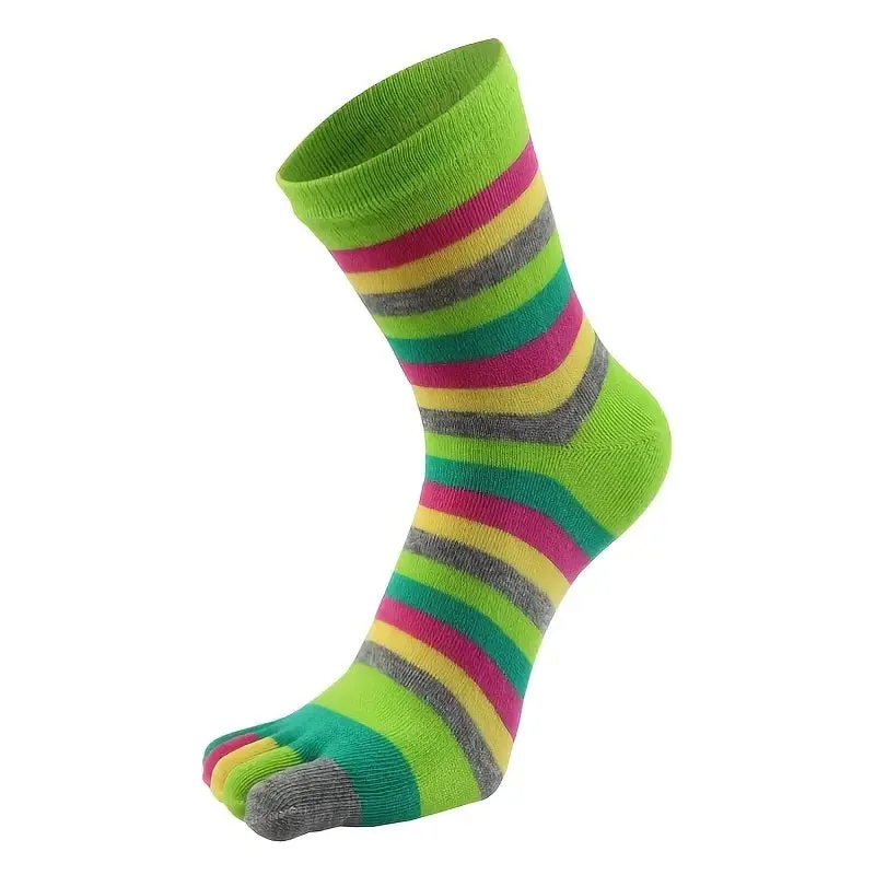 Rainbow Striped Pattern Toe Socks (Adult Medium - Women's Shoe Sizes 5-10) - Green Accent